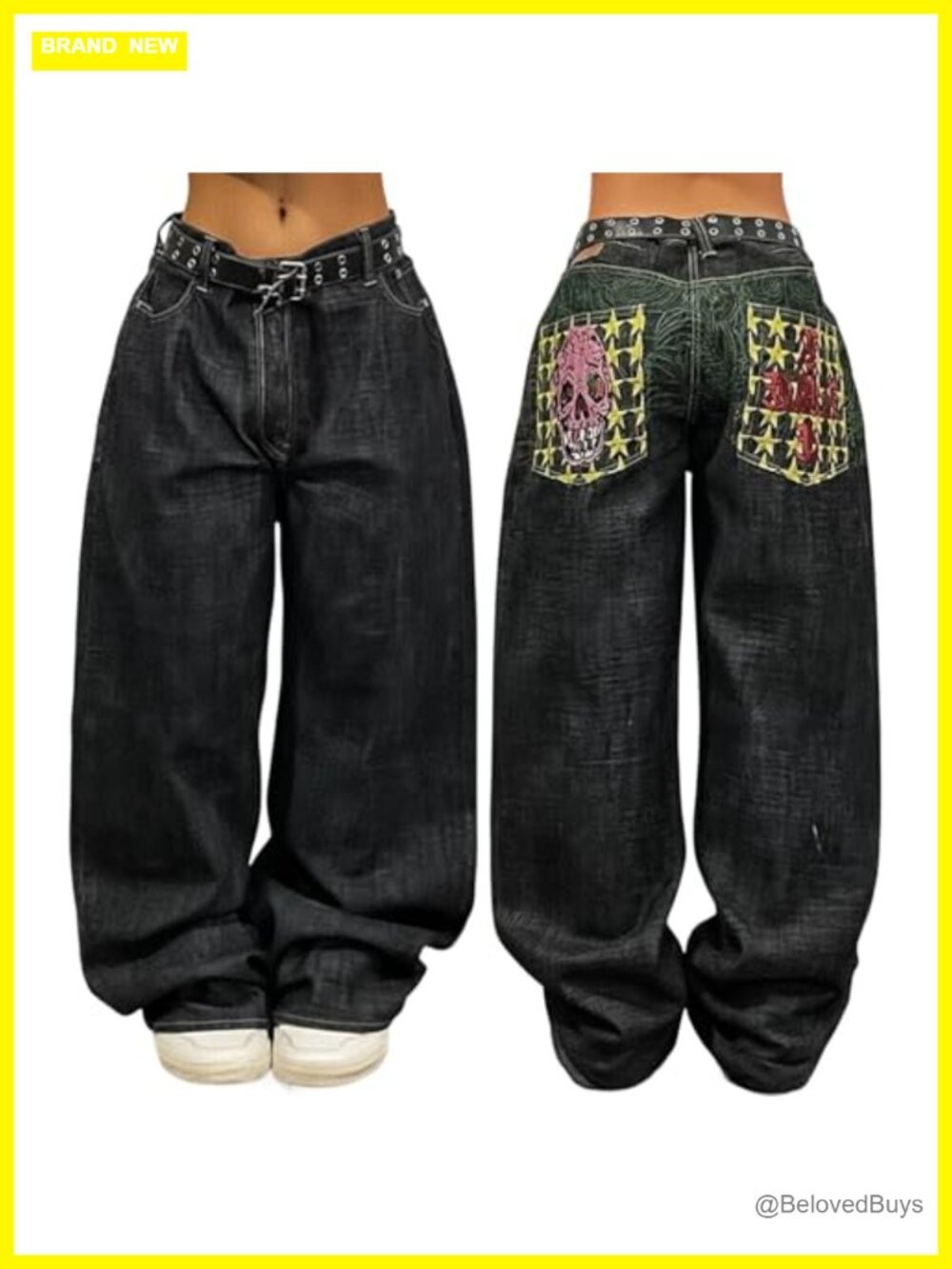 EMMIOL Women's Baggy Wide Leg Mid Rise Jeans Skull Print Streetwear
